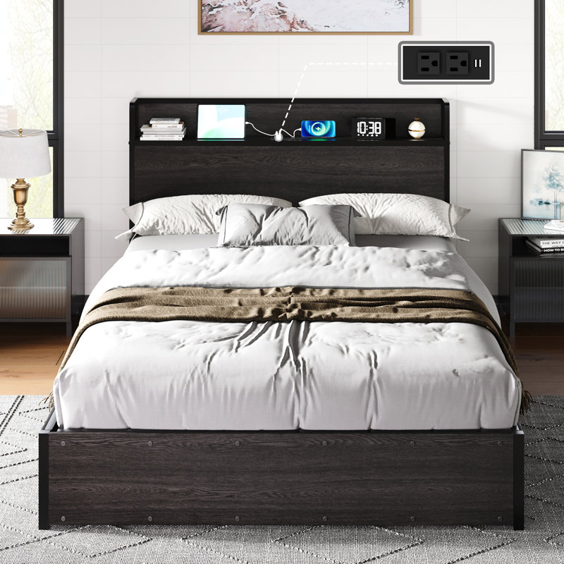 Shila Lift Up Storage Bed Frame & Charging Station Size: Full/Double, Color: Rustic Gray