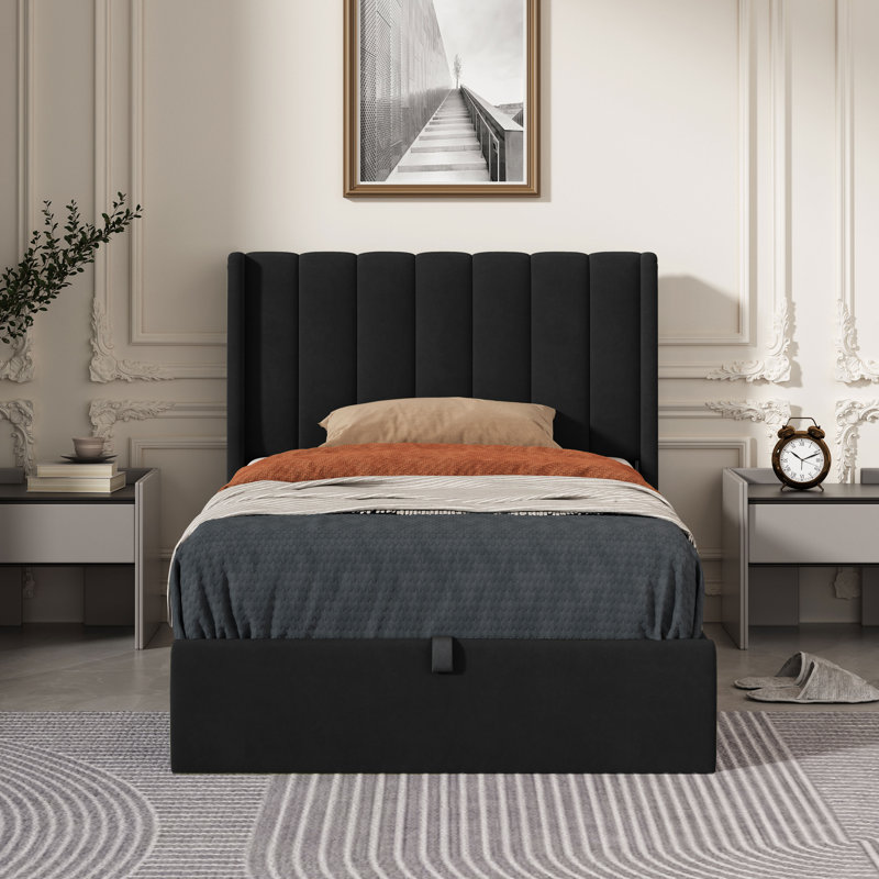 daizia lift up storage platform bed with wingback headboard size: twin, color: cream