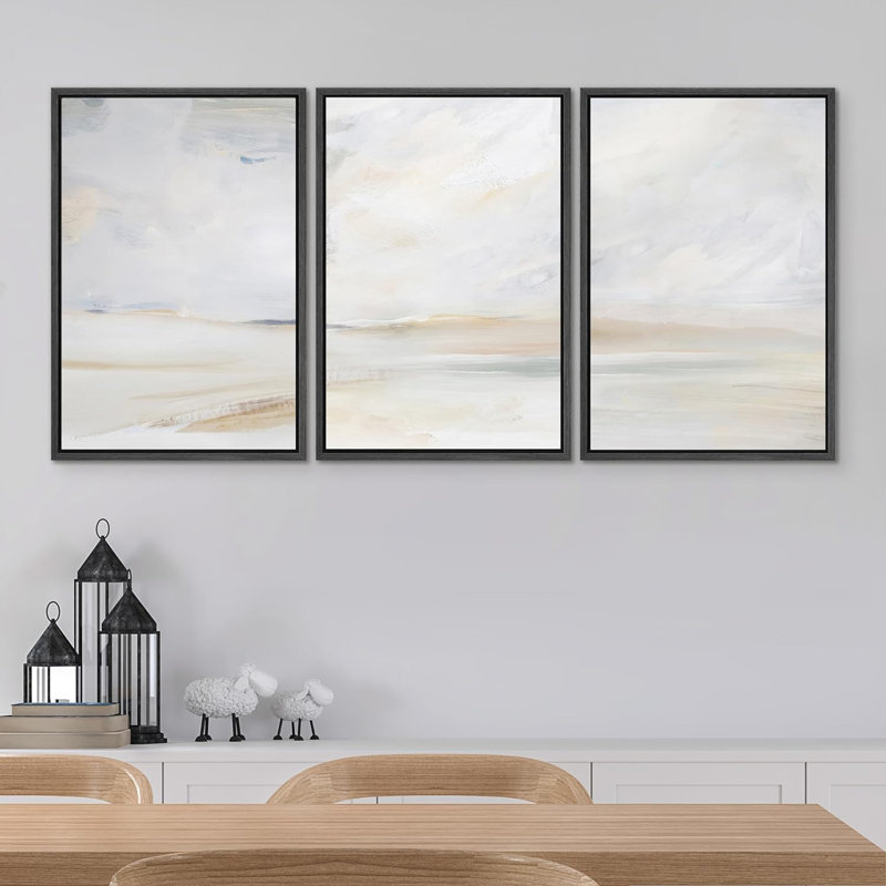 Minimal Landscape "Muted Abstract Serene Coastal Beach Framed 3 Pieces Canvas Digital Print Wall Art Size: 36" H x 72" W x 1.5" D, Format: White