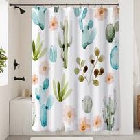 Cactus Print Polyester Waterproof Bathroom Fabric Shower Curtain With 12 Hook 