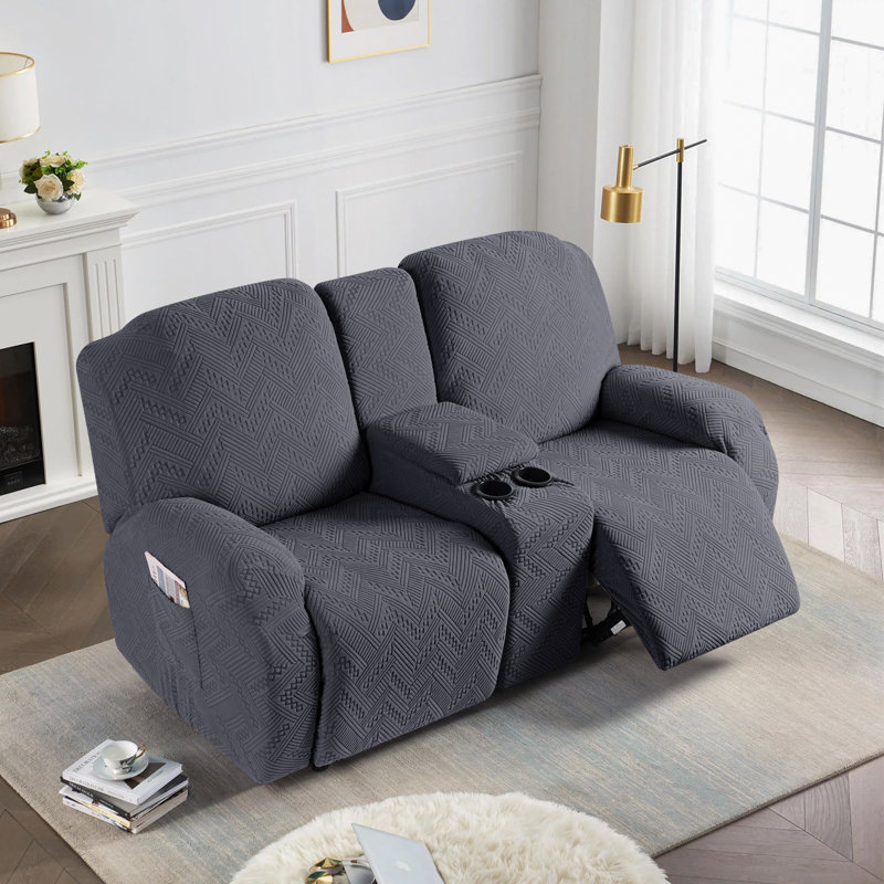 Harriet Box Cushion Recliner Loveseat Harriet with Console, Stretch Anti-Slip Reclining Slipcover for 2 Cushion Couch with Pockets Upholstery Color: Dark Gray