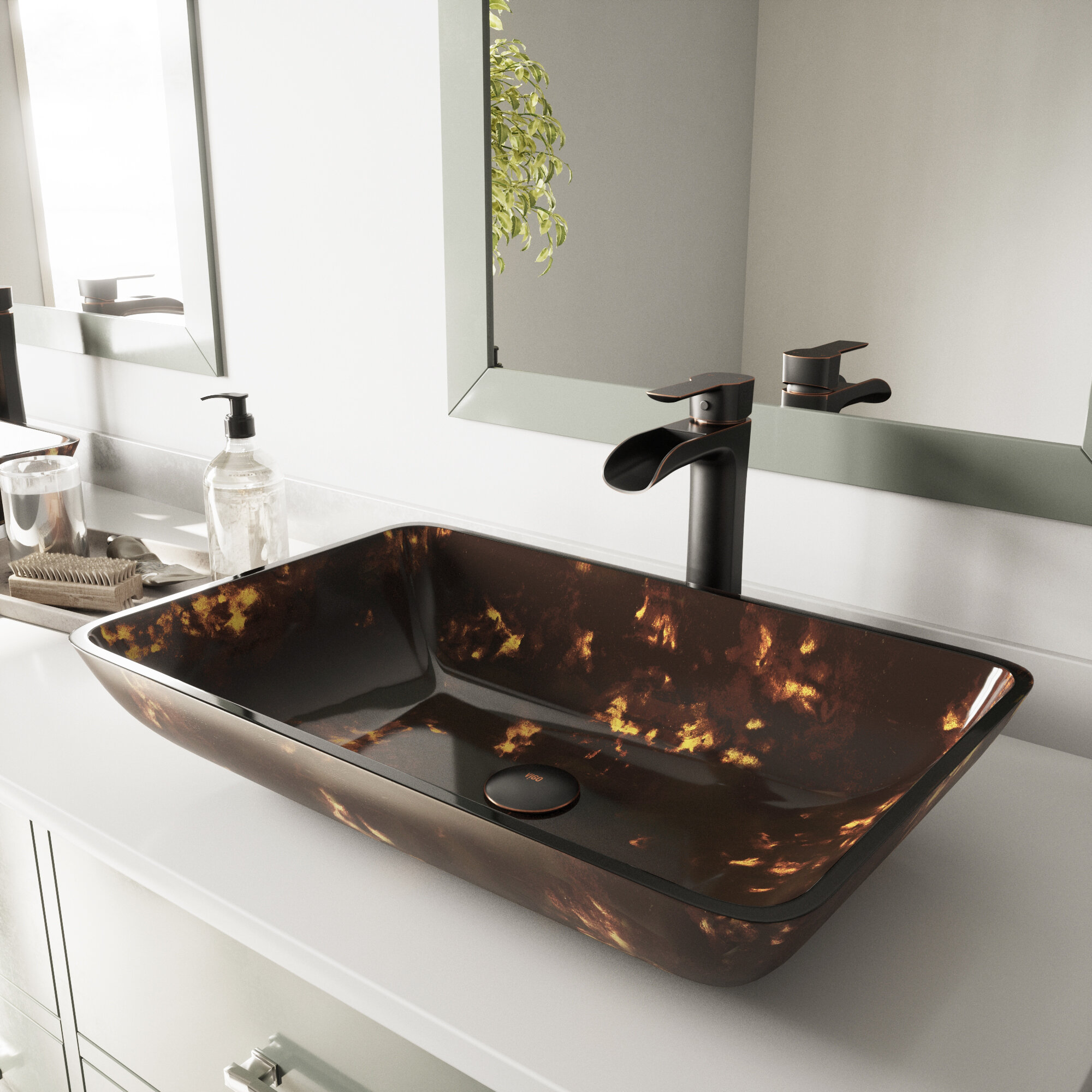 Vigo Brown Tempered Glass Rectangular Vessel Bathroom Sink