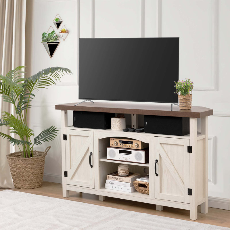 Nasho Farmhouse Corner TV Stand with USB Ports and Outlet Fit for TVs up to 60" Color: Oak White