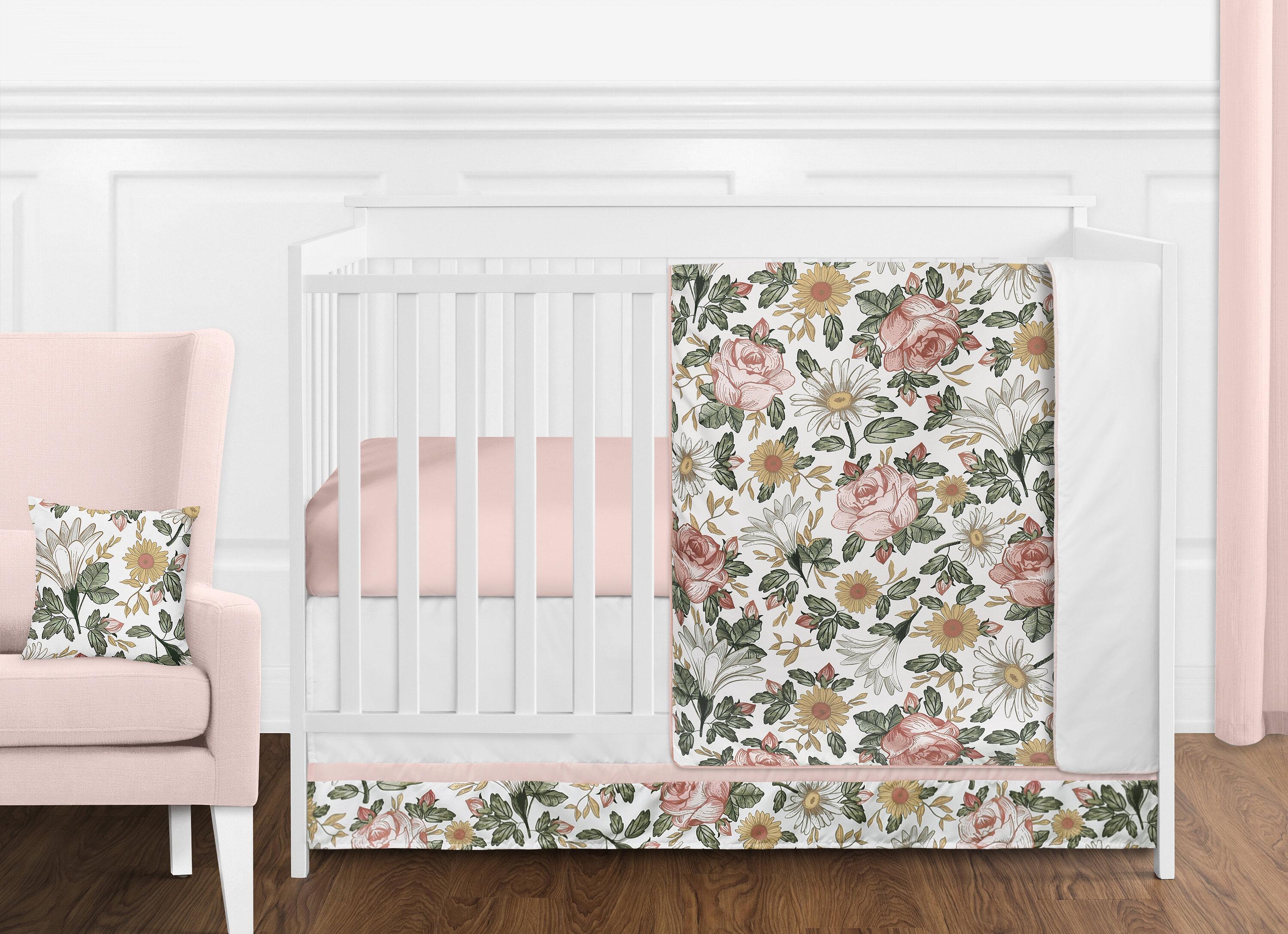 Blush Pink Grey and White Watercolor Floral Baby Girl Crib Bedding Set without Bumper by Sweet Jojo Designs Rose Flower Polka Dot 4 pc