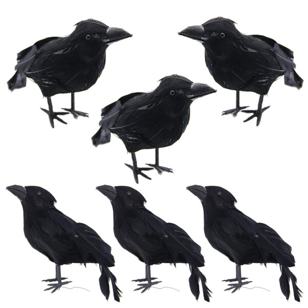 Lot of 6 Artificial Black Feather Halloween Black Bird Crows 3" tall x 5.5"