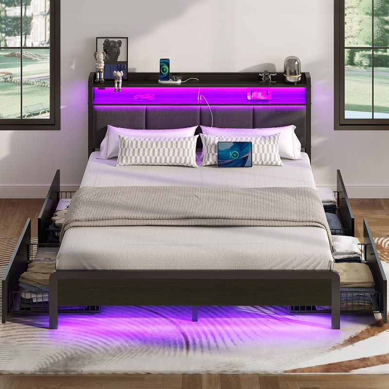 Franzi Bed with Storage Headboard, Bed Frame with 4 Storage Drawers, Charging Station and RGB  LED Lights Size: Full/Double