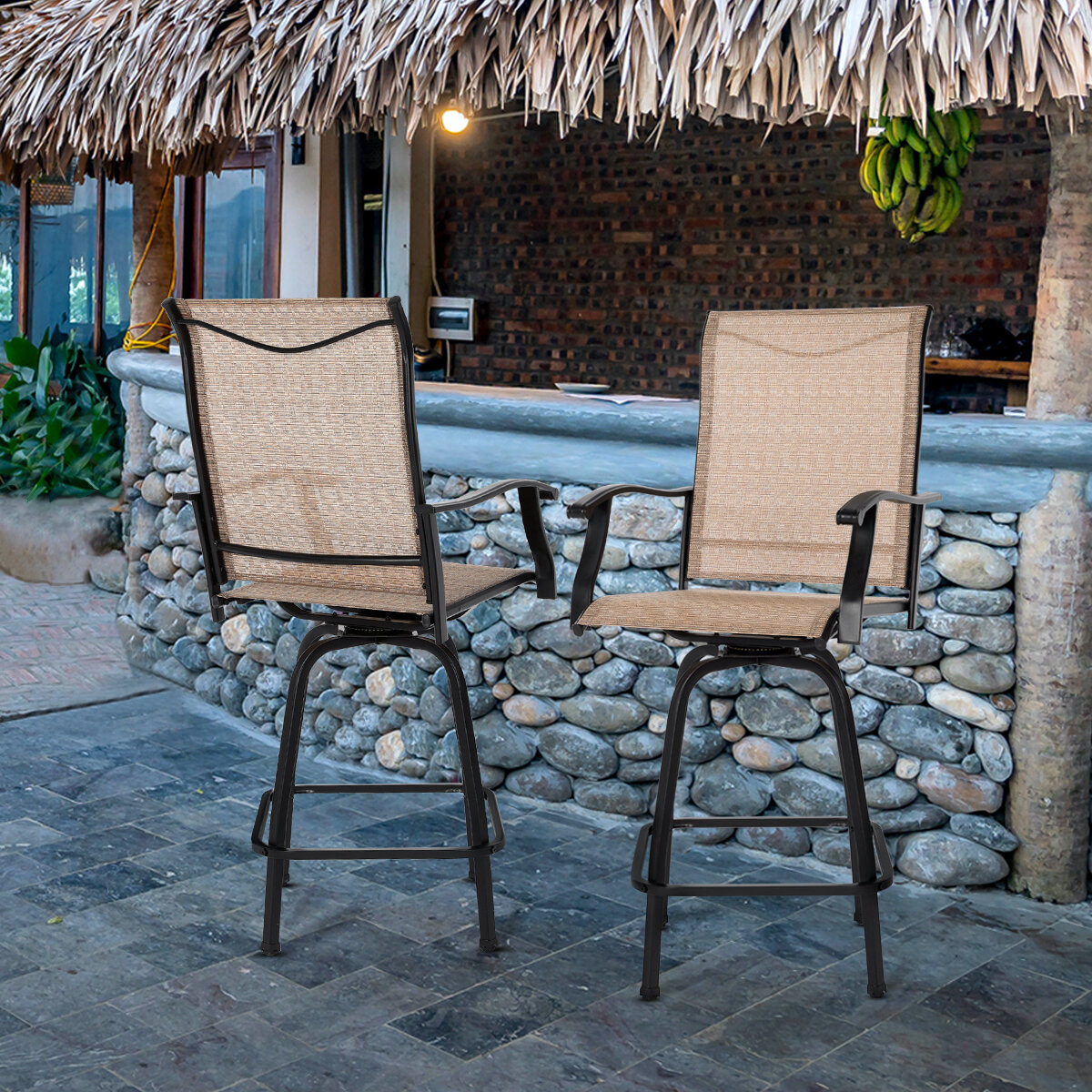 Backyard All Weather Furniture Set Garden High Top Patio Chairs Patio Bar Stools Textilene for Bistro Lawn Gray Swivel Outdoor Bar Stools Set of 2 