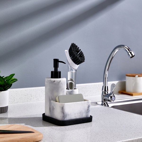 Soap Dispenser with Sponge and Brush Holder, Kitchen Hand Dish Pump Set Organizer for Sponge Brush Scrubber Plastic Sink Caddy