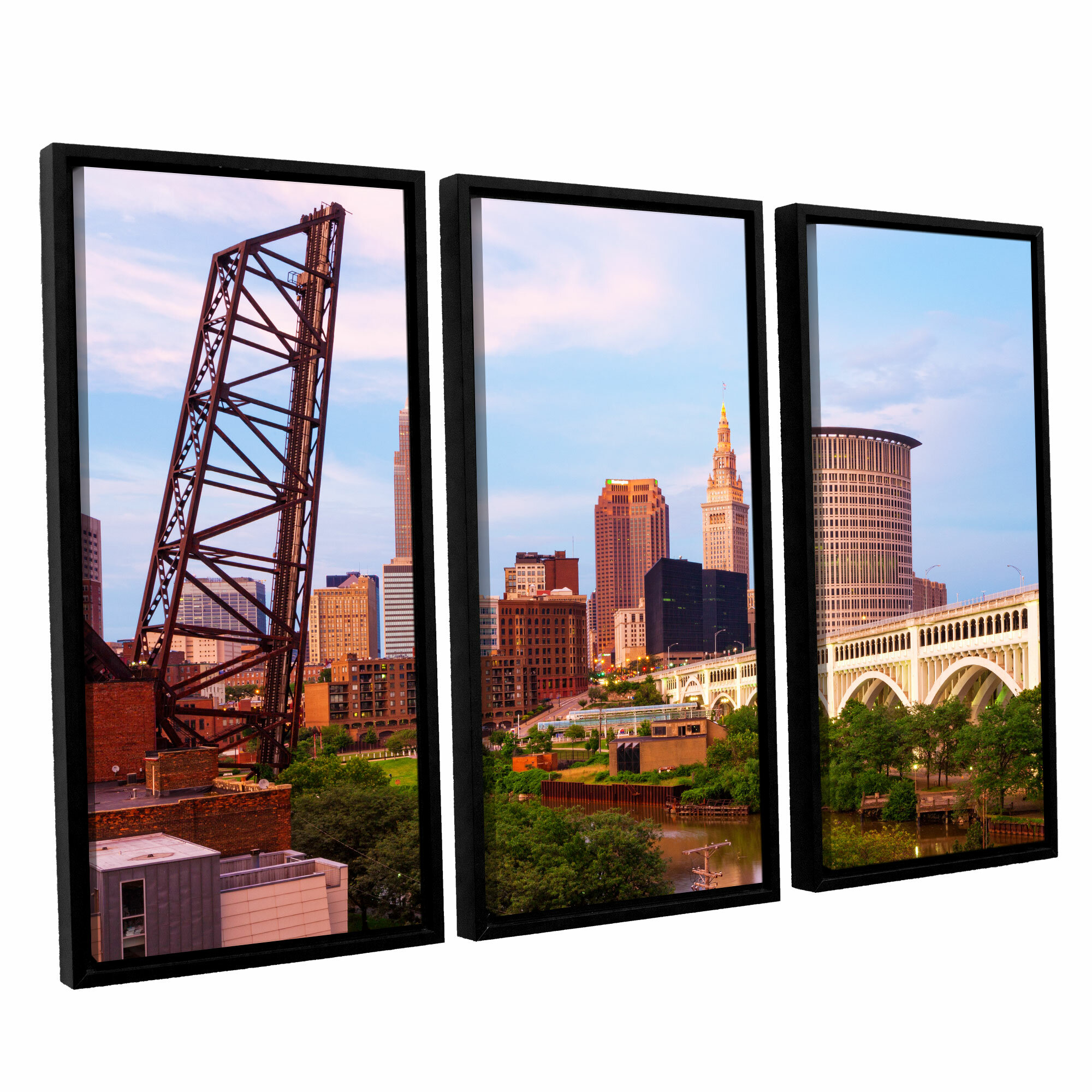 ArtWall Cody Yorks 3 Piece Cleveland Skyline 13 Floater Framed Canvas Set 36 by 54 