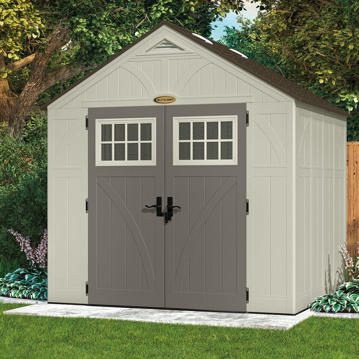 Outdoor Storage for Backyard Tools and Accessories Suncast 16 x 8 Tremont Storage Shed Transom Windows and Shingle Style Roof All-Weather Resin Material