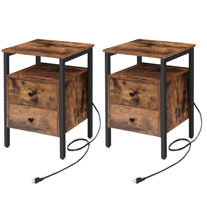 (2 boxes) 24'' Tall 2 - Drawer Iron Nightstand with Storage and Built-In Outlets Color (Base/Top): Black/Rustic Brown