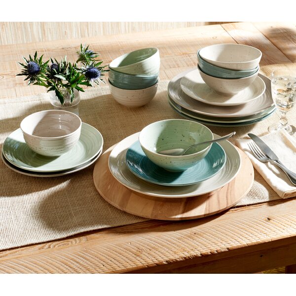 16-Piece Floral Dinnerware Service for 4 Set Square Stoneware Matte Dish Plates 