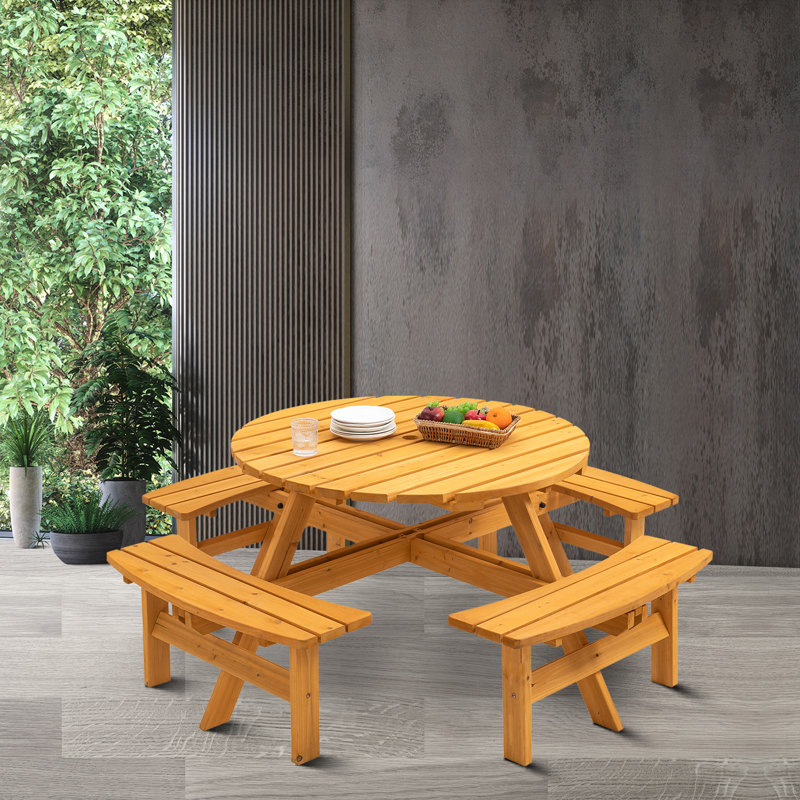 (Incomplete)Raeis 70.05'' Outdoor Picnic Table with 4 Built-in Benches, Round Outdoor Table with Umbrella Hole , Seats Up To 8 Persons Color: Natural