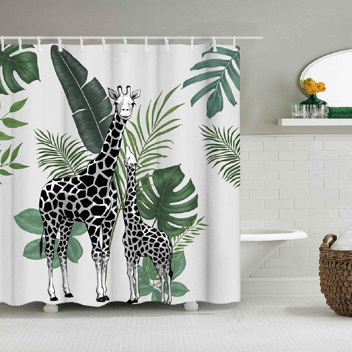 Cute Giraffe Fabric Liner Shower Curtain Set Bathroom Accessories Waterproof New 