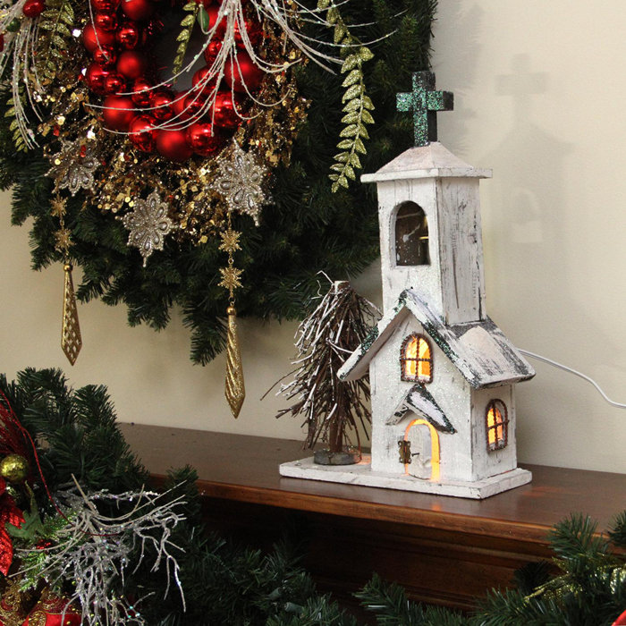 Northlight Lighted Snowy White Glitter Wooden Church Christmas