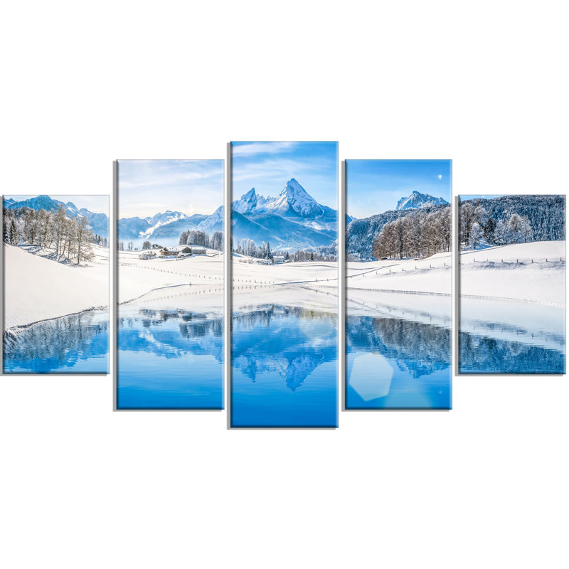 Designart Winter Mountain Lake In Alps 5 Piece Wall Art On