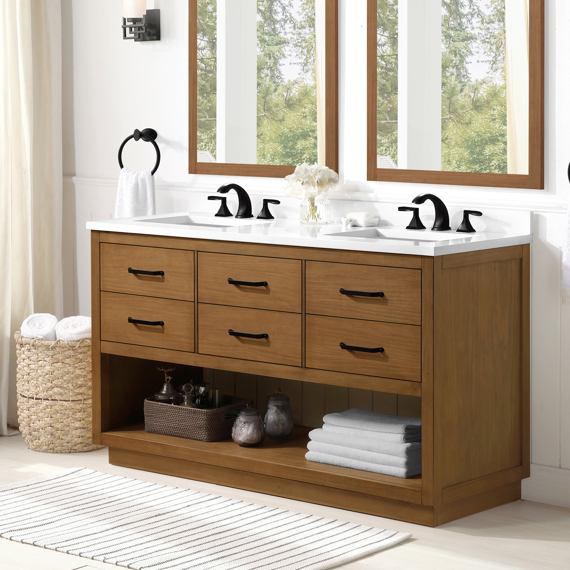 Ove Decors Carran 60 In Double Sink Bathroom Open Shelf Vanity With White Cultured Marble Countertop Wax Pine Finish And Black Hardware Reviews Wayfair Ca