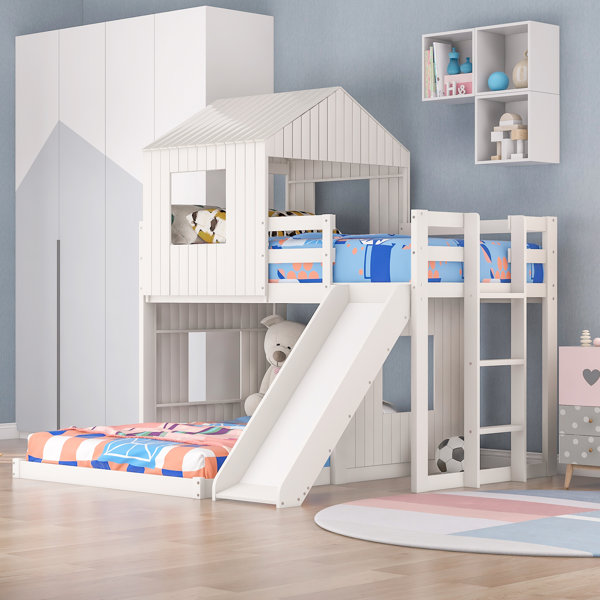 Bunk Beds Twin Over Twin Kids Bedroom Ladder Wood Convertible Bunkbeds Brown 