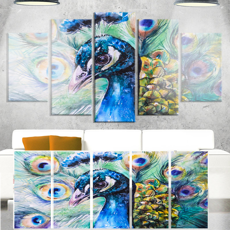 Designart Beautiful Peacock Watercolor 5 Piece Painting Print On