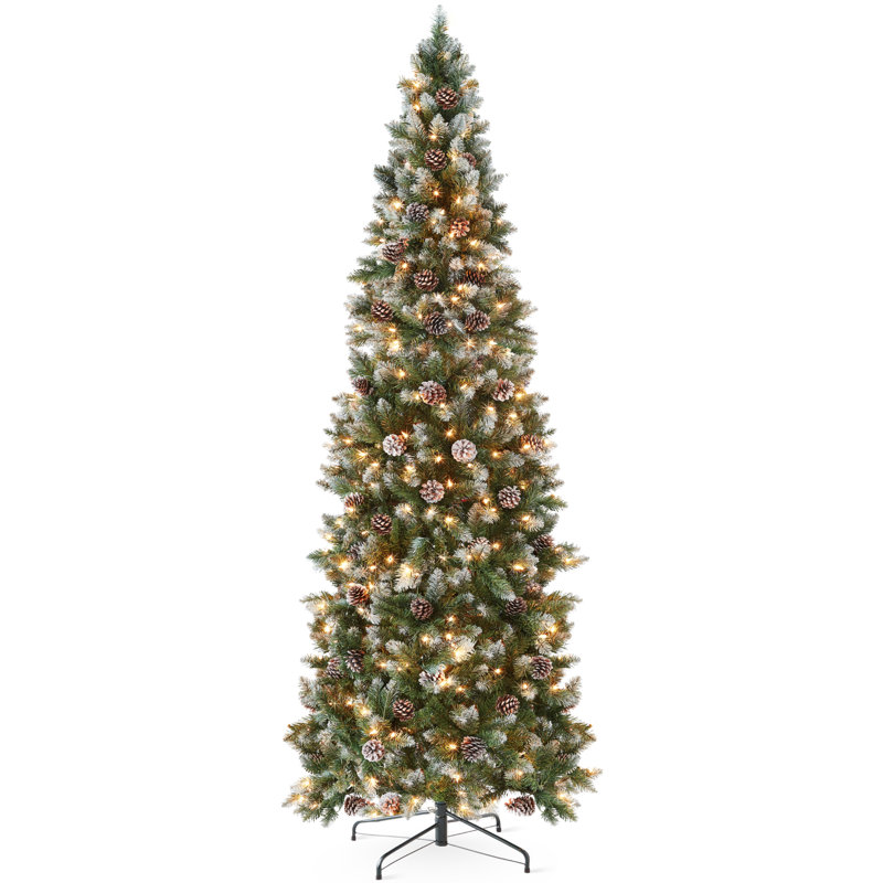 Pre-Lit Partially Flocked Pencil Christmas Tree w/ Lights, Pine Cones, Foldable Stand