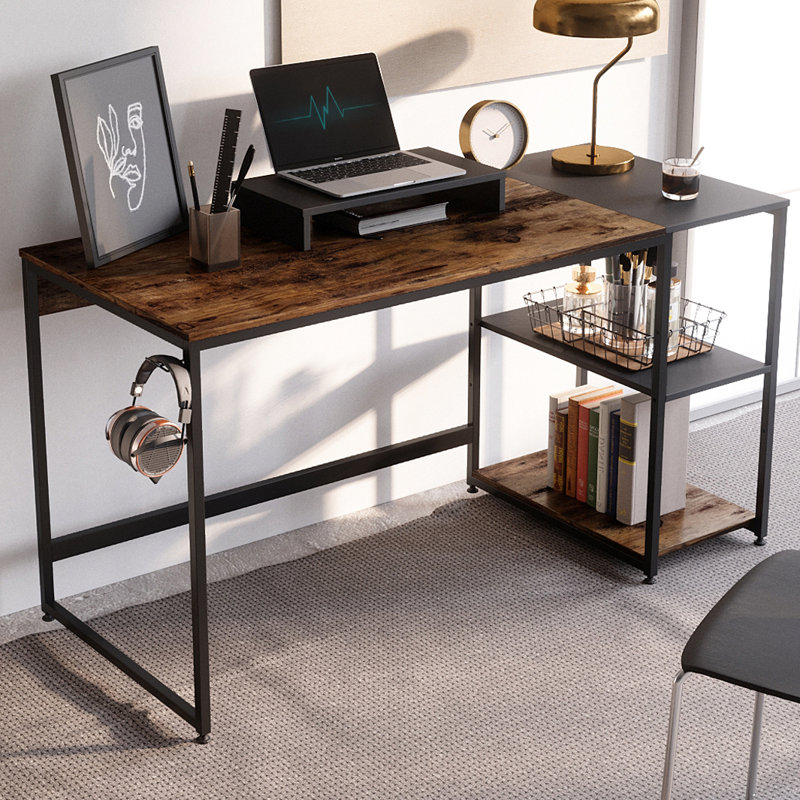 17 Stories 55 Computer Desk With Free Large Monitor Stand Storage Shelves Sturdy Wooden Modern Industrial Home Office Laptop Writing Table Workstation Easy To Assemble Rustic Brown Black Wayfair Ca