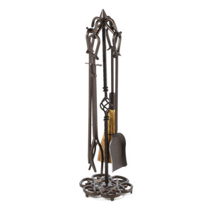 4 Piece Bronze Heavy Weight Fireplace Tool Set With Stand