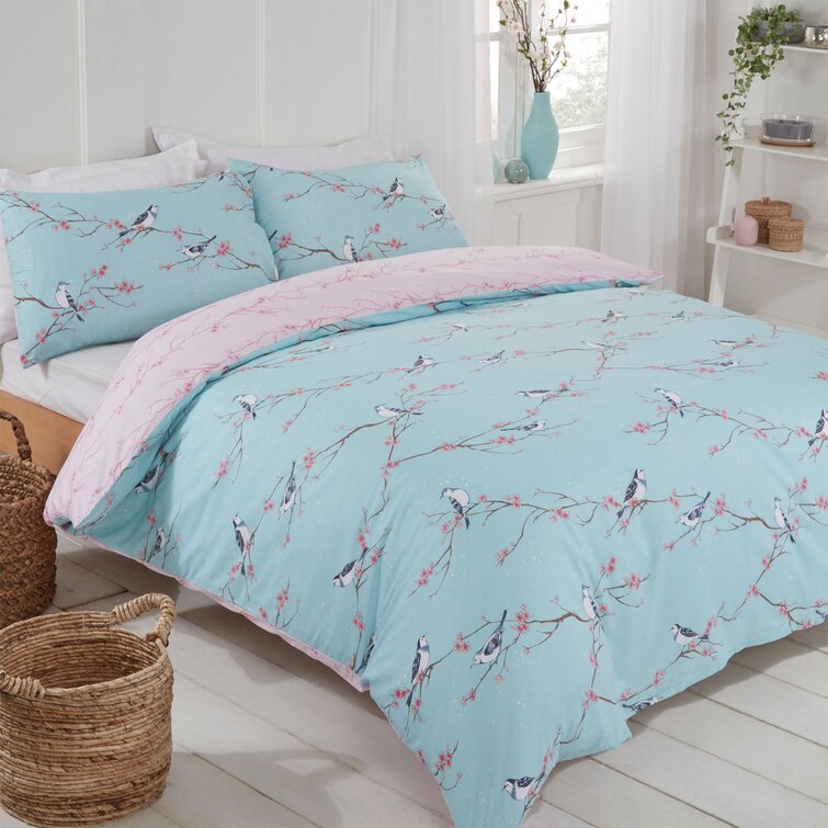 oriental bird blue duvet cover and pillowcase set