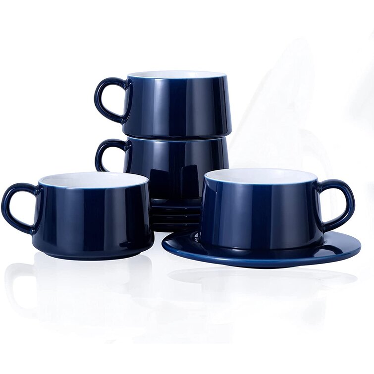 Navy Set of 4 Porcelain Stackable Espresso Cups with Saucers and Metal Stand