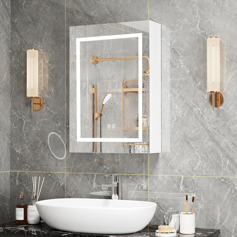 Cormarion Surface Mount Frameless Medicine Cabinet with Mirror and 2 Shelves and LED ligthing Size: 27.6" H x 19.7" W x 5.3" D, Finish: White