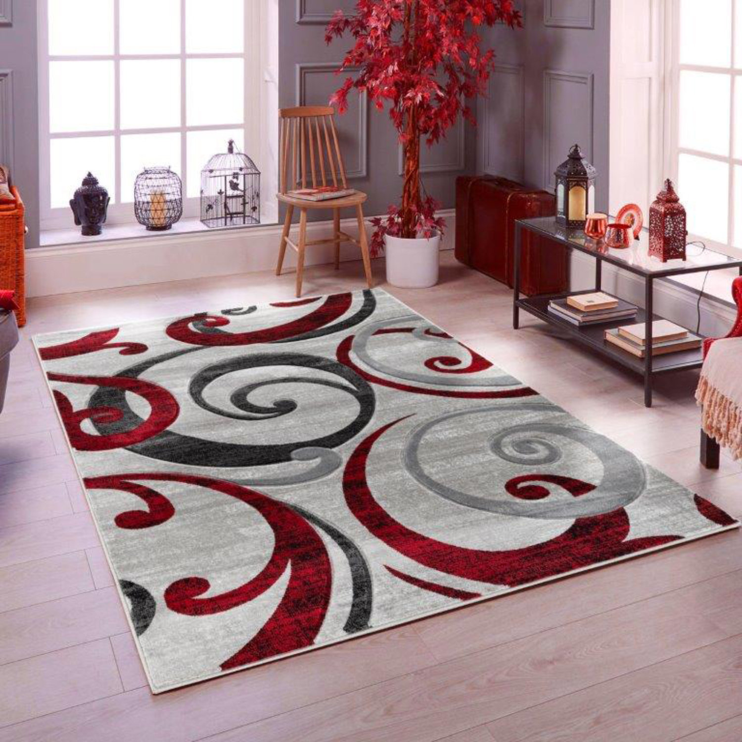Spahn Swirls Contemporary Modern Red Silver Area Rug