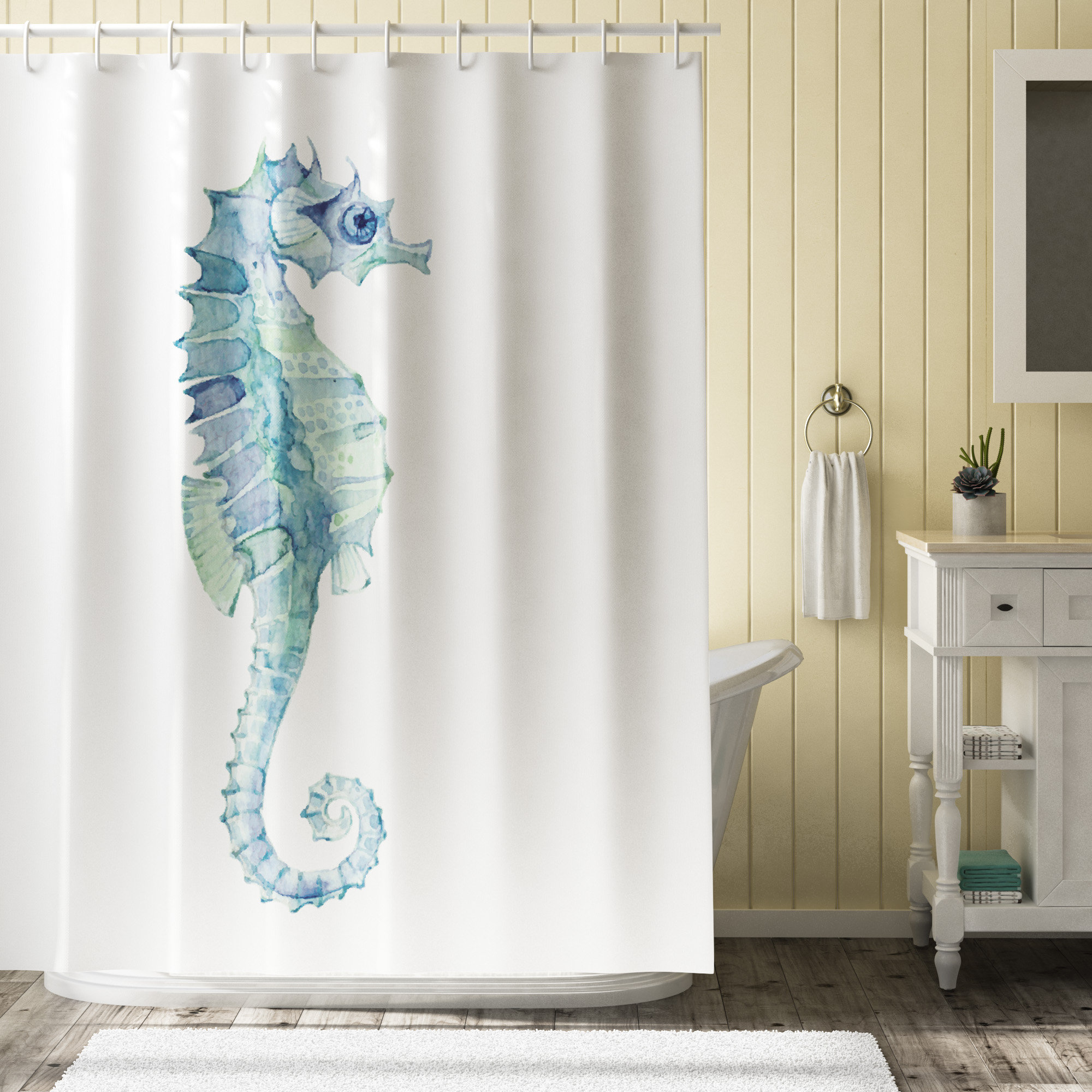 Underwater Colored Seahorse Fabric Shower Curtain Set Bathroom Decor Hooks 180cm 
