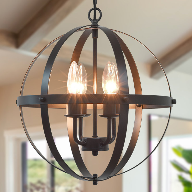4-Light Rustic Pendant Lighting Fixture Adjustable Height Industrial Globe Handing Lighting With Metal Spherical Shade Finish: Matte Black