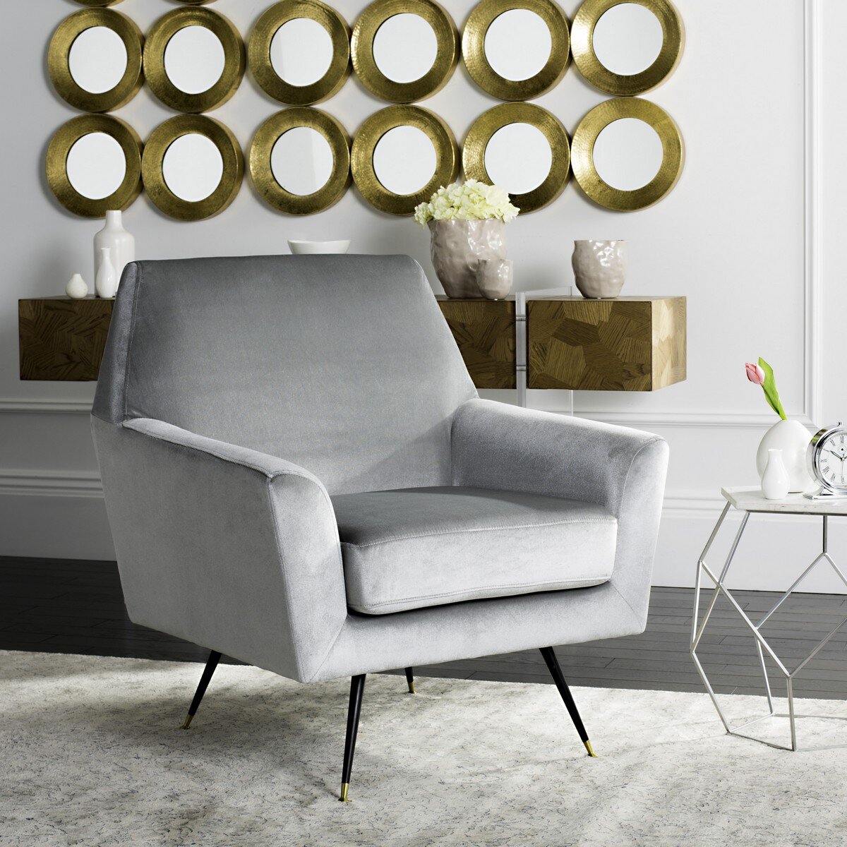 light grey velvet armchair