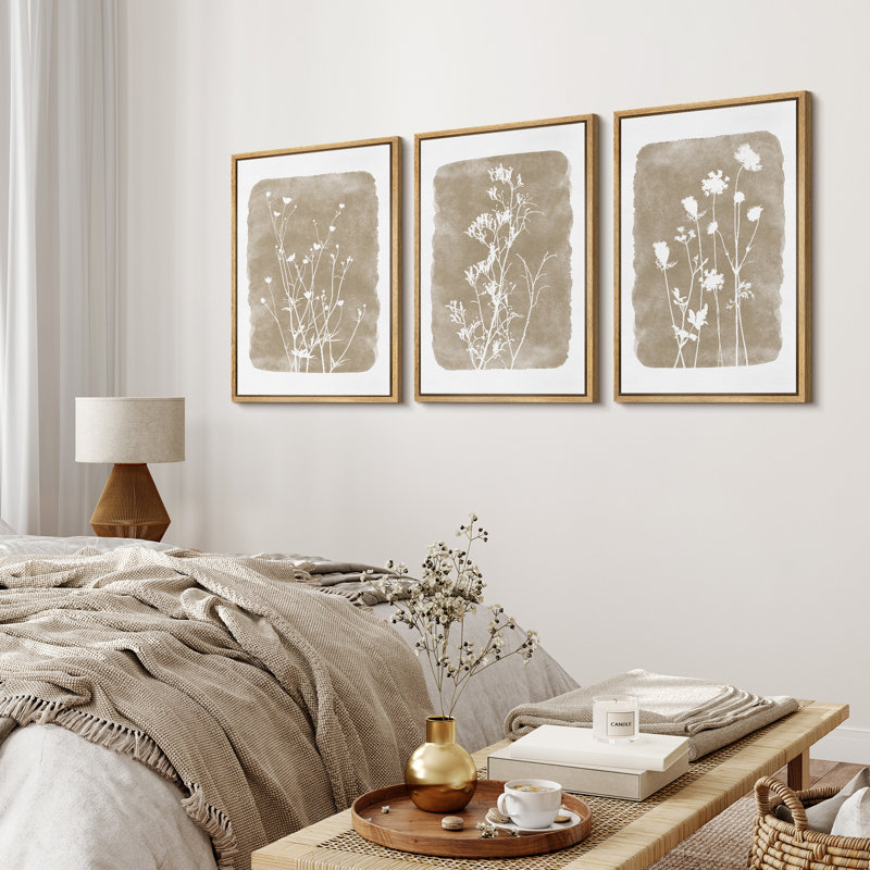 Simple Rustic Botanical Floral Vintage Wildflower Pictures Framed On Canvas 3 Pieces Print Wall Art Size: 36" H x 24" W x 1.5" D, Frame Color: Black