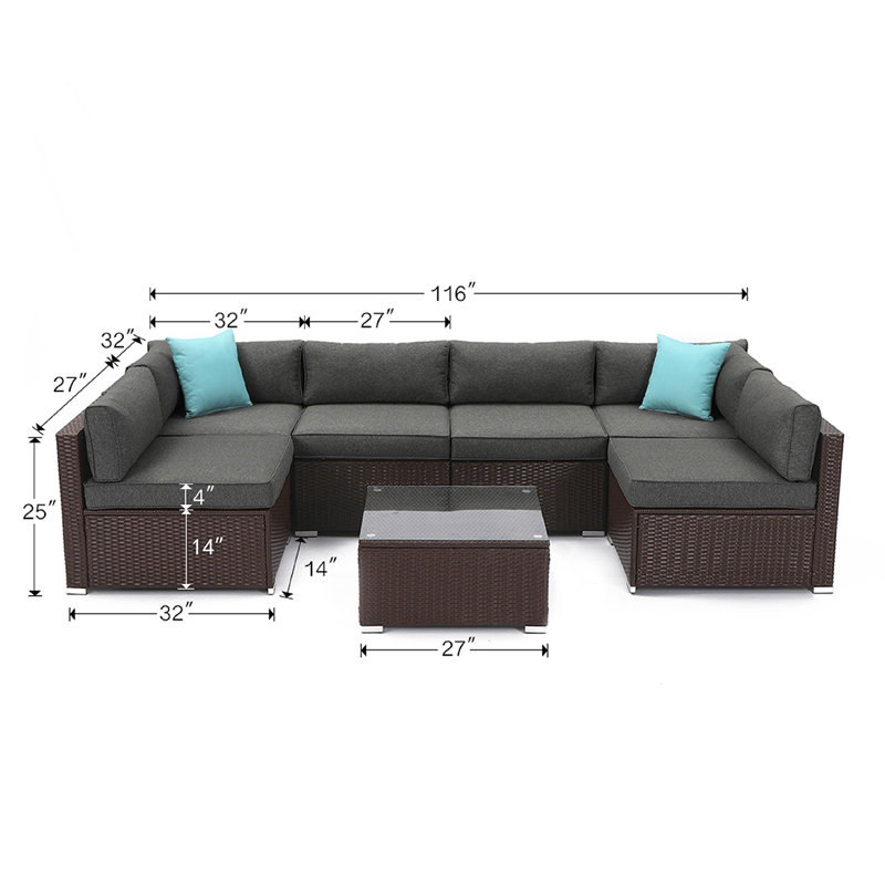Wrought Studio Bozman 7 Piece Outdoor Patio Furniture Chocolate Brown Wicker Sofa W Dark Grey Cushions Coffee Table 2 Turquoise Pillows Incl Waterproof Cover Reviews