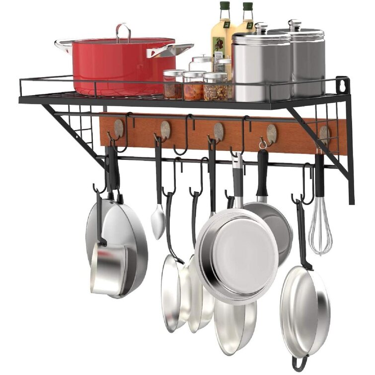 Kitchen Pan Pot Rack Wall Mount 2 Shelf Steel Storage Organizer Cookware Hanger