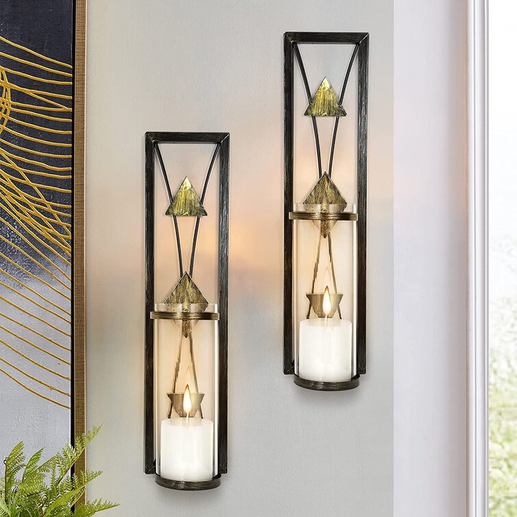 Gold Bathroom 2 Set Wall Sconces Candle Holders Metal Wall Decorations Antique-Style Metal Sconces with Battery Operated Candles for Living Room Dining Room Patio or Office