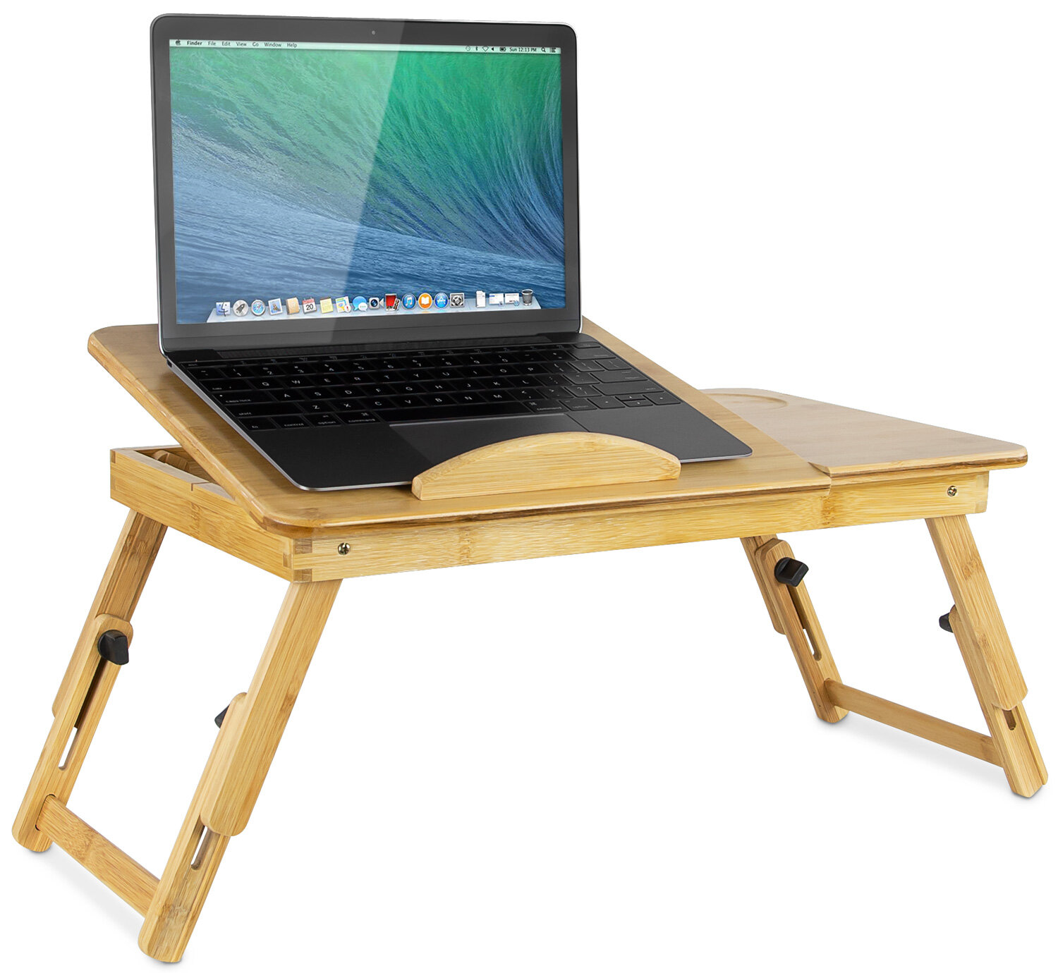 MI-7212 Mount-It Adjustable Breakfast Table with Foldable Design Laptop Bed Tray with Tilting Top and Pullout Storage Drawer Eco-Friendly and Natural Bamboo 