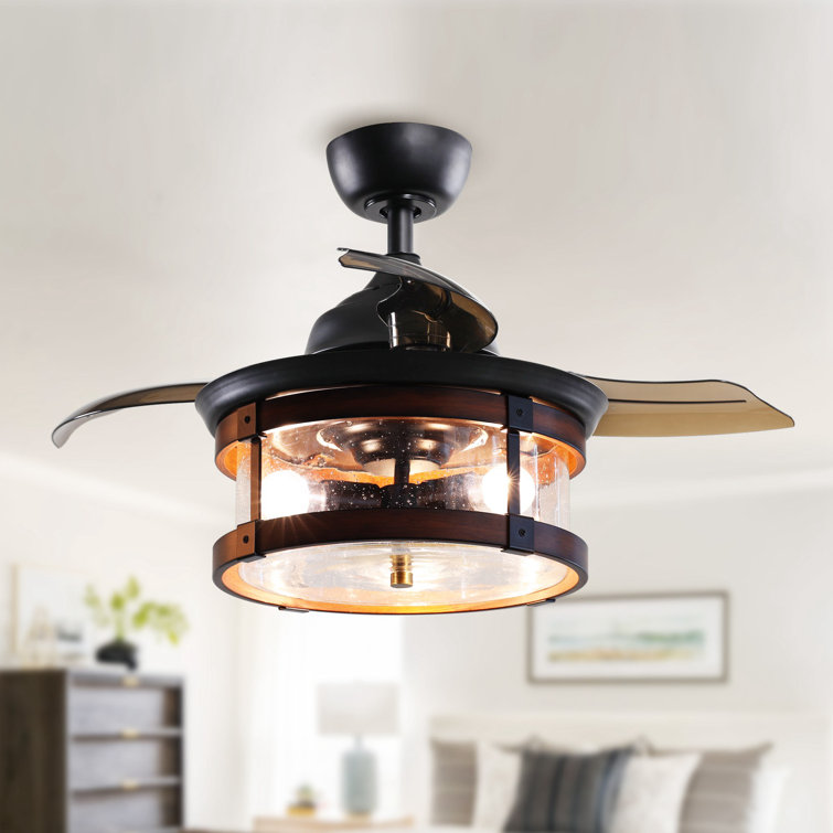 36'' Ceiling Fan with Lights Black Rustic Ceiling Fan with 3 Retractable Blades 