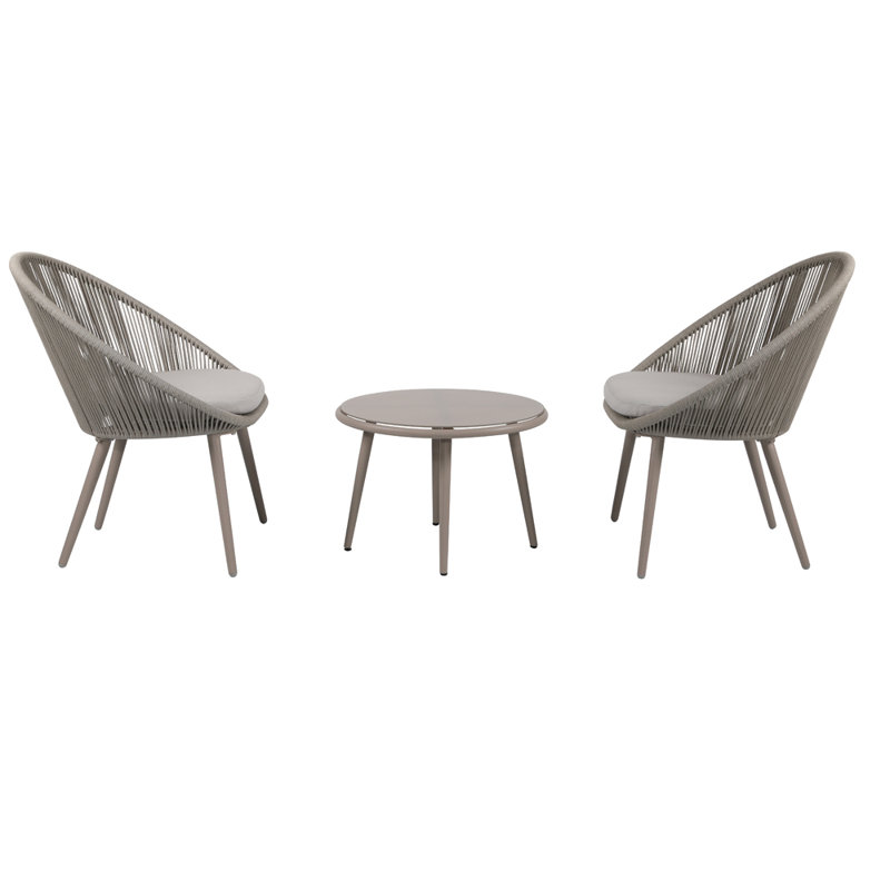 Kulp 3-Piece Patio Bistro Set, Outdoor Conversation Chair Set Balcony with Tempered Glass Coffee Table and Light Gray Cushions, Water-Resistant Woven Rope for Poolside Color: Light Gray