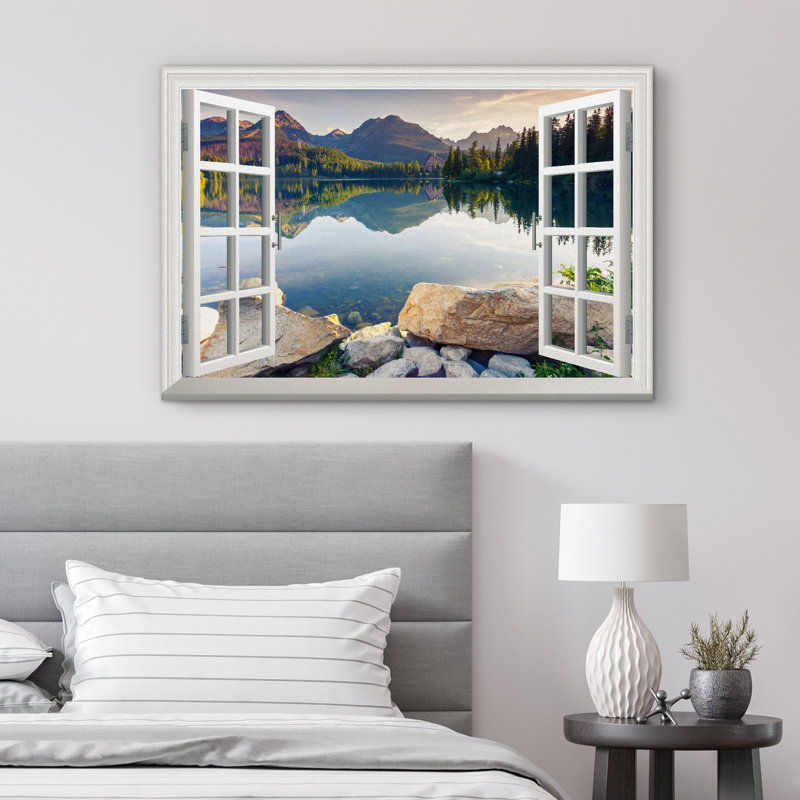 Window Scenery Green Peaceful Lake Natural Landscape Photography Pictures Canvas Print Wall Art Size: 32" H x 48" W x 1.5" D