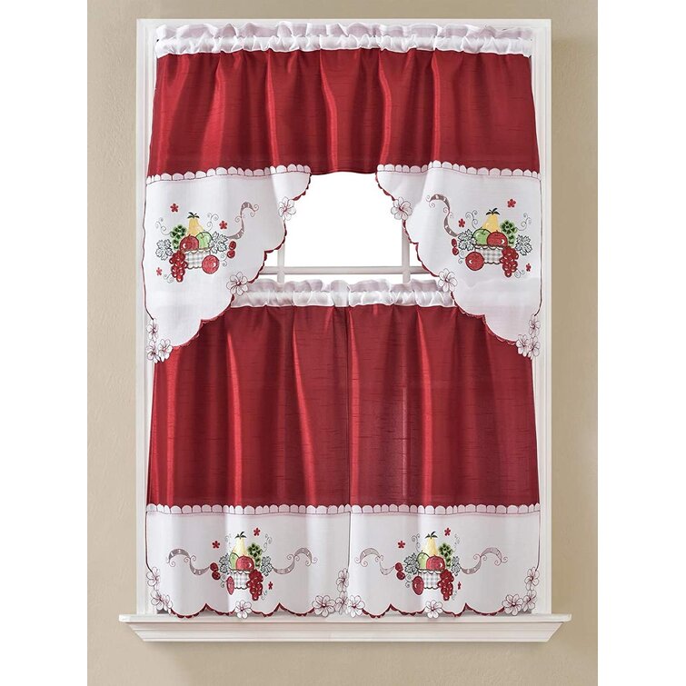 Tier/Swag Fruit Basket Embroidery 3 Pc Wine & White Sheer Window Curtain Set