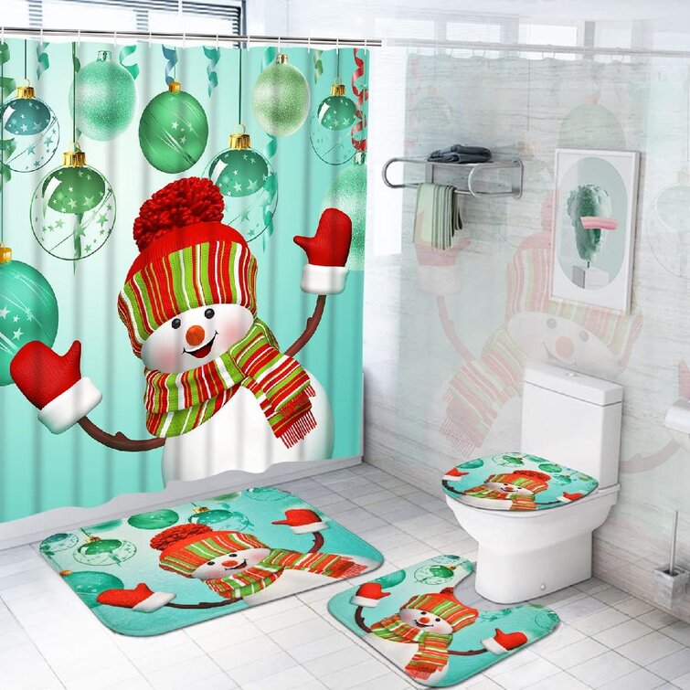Merry Christmas Shower Curtain Bathroom Rugs Bath Mat Non-Slip Toilet Lid Cover
