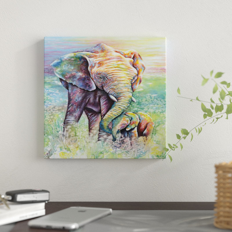 East Urban Home Mother Baby Elephant Rainbow Colors Print On