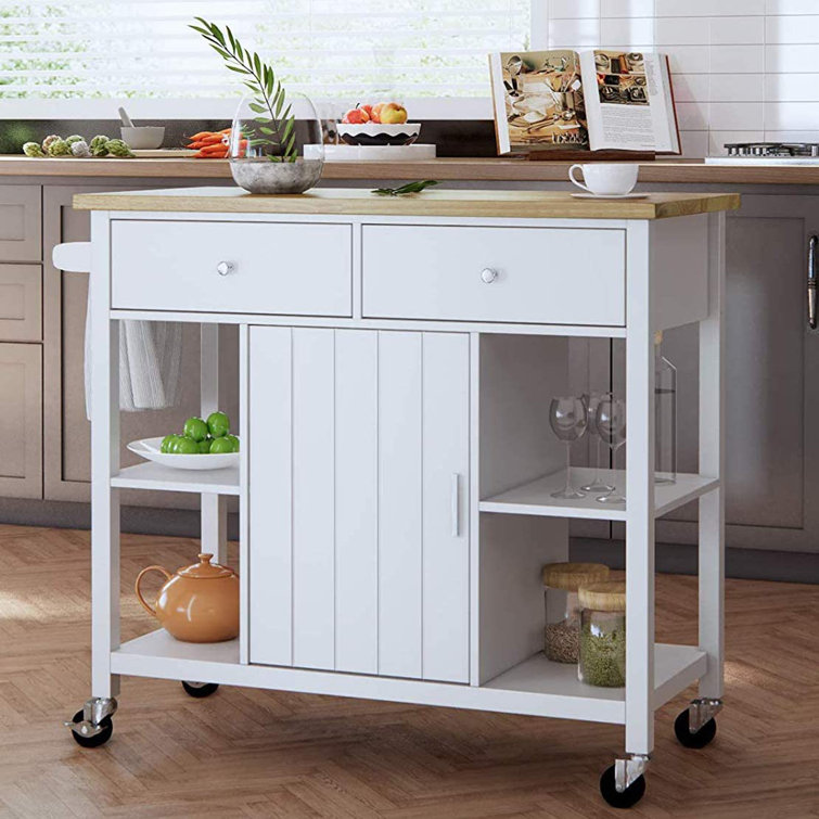 Red Barrel Studio Rolling Kitchen Island Cart On Wheels With Wood Top Storage And Drawers Small Portable 40 Inch White Wayfair