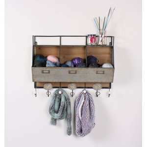 Arnica Rustic Wood and Metal Wall Storage Pockets with Coat Rack Hooks
