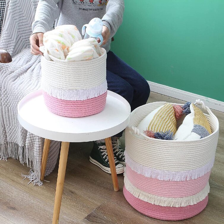 Woven Cotton Rope Decorative Storage Basket with Handles Cute Tassel Nursery Decor Cotton Blanket Organizer Home Storage Container Large Size Laundry Hamper
