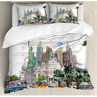 Usa Hand Drawn Las Vegas City Nevada Street Sketch Buildings Statue Of Liberty Cars Palms Duvet Cover Set