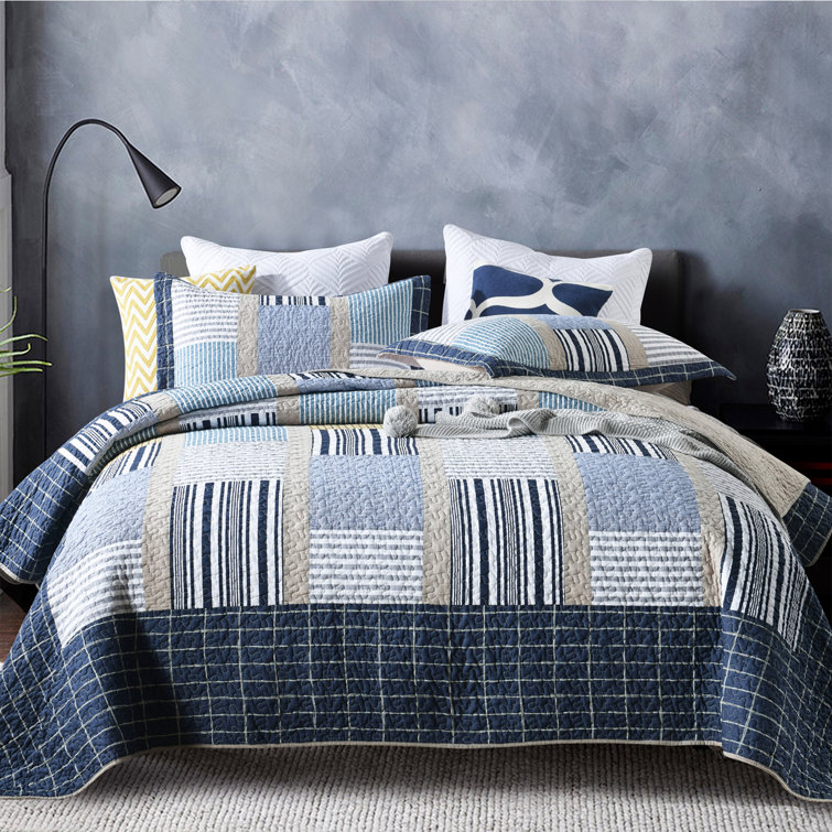 Blue Plaid Quilt Set Queen Size Reversible Patchwork Lattice Coverlet Set Blue Stripes Checkered Pattern Bedding Sets Microfiber Lightweight Bedspread for All Season 1 Quilt,2 Pillow Shams