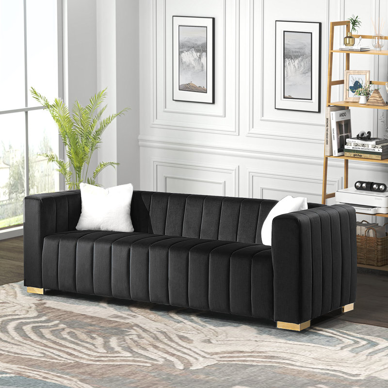 clifford 87'' velvet square arm sofa upholstery color: black, leg color: gold